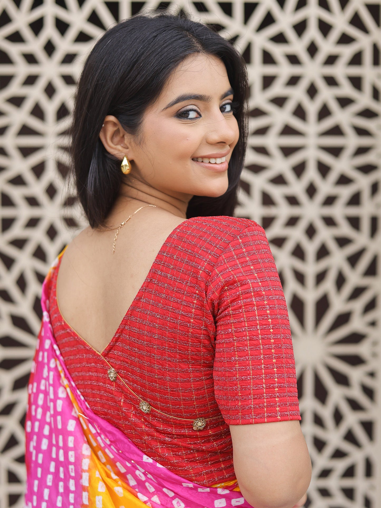 Padmini Red Zari Striped Jacquard Stretchable Saree Blouse Advi