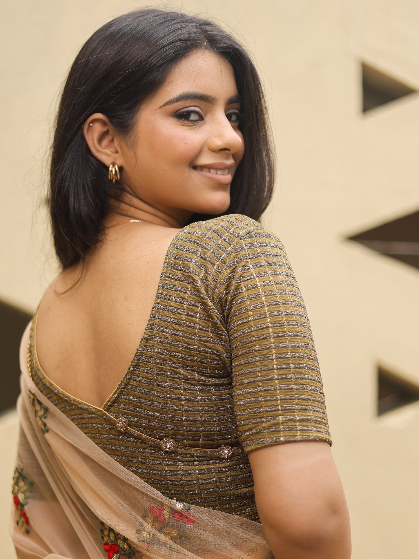 Padmini Mehendi Green Handwork Buti Zari Striped Jacquard Stretchable Saree Blouse Advi