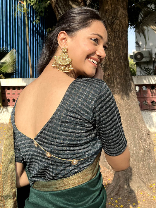 Padmini Bottle Green Handwork Buti Zari Striped Jacquard Stretchable Saree Blouse Advi