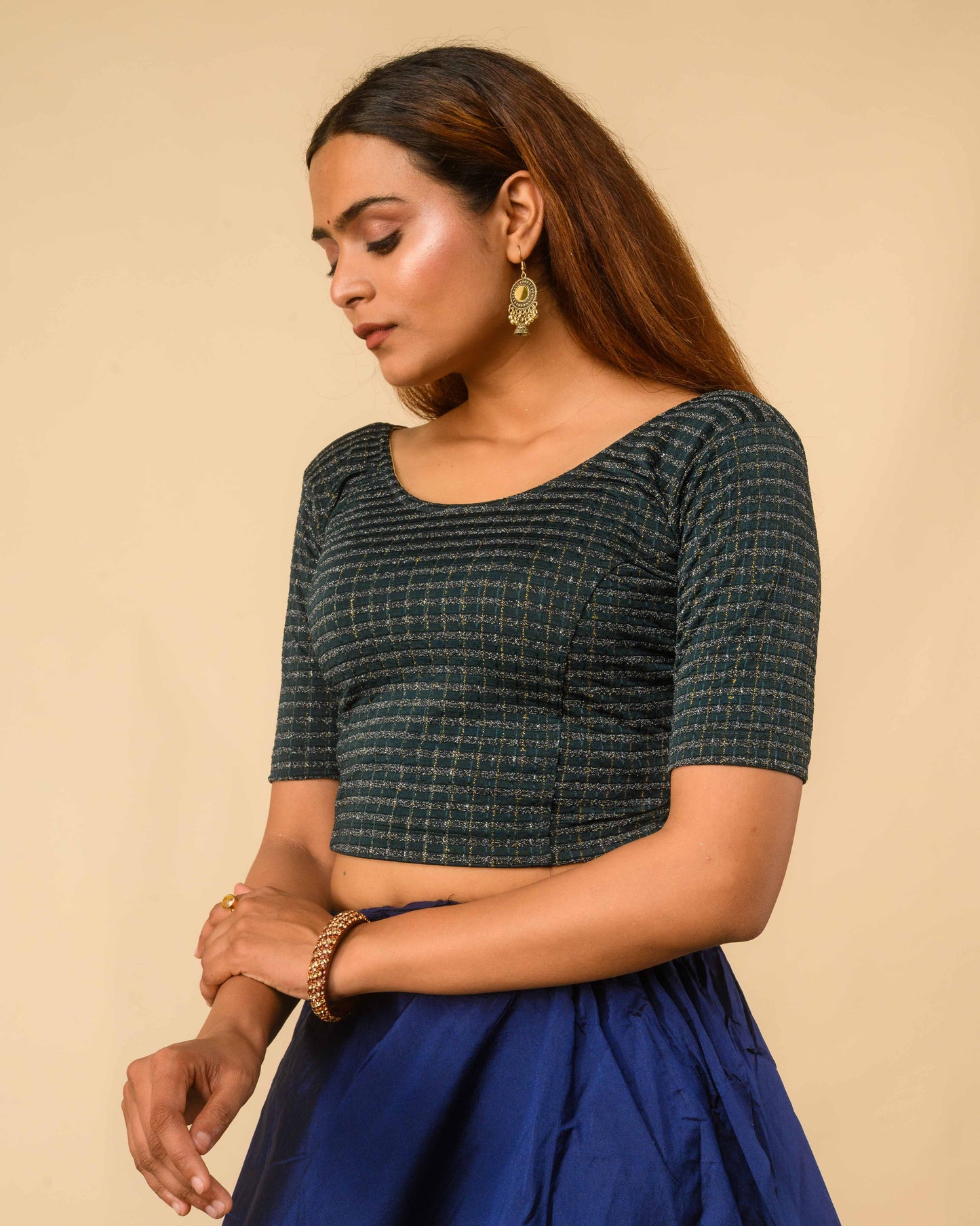 Padmini Bottle Green Handwork Buti Zari Striped Jacquard Stretchable Saree Blouse Advi