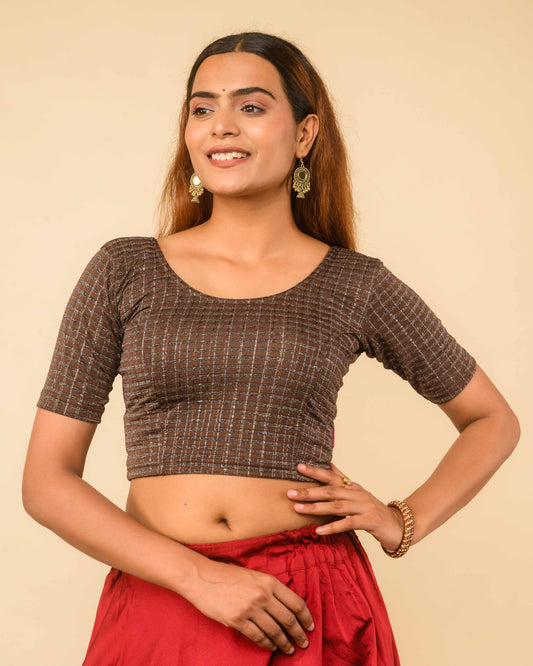 Padmini Coffee Handwork Buti Zari Striped Jacquard Stretchable Saree Blouse Advi