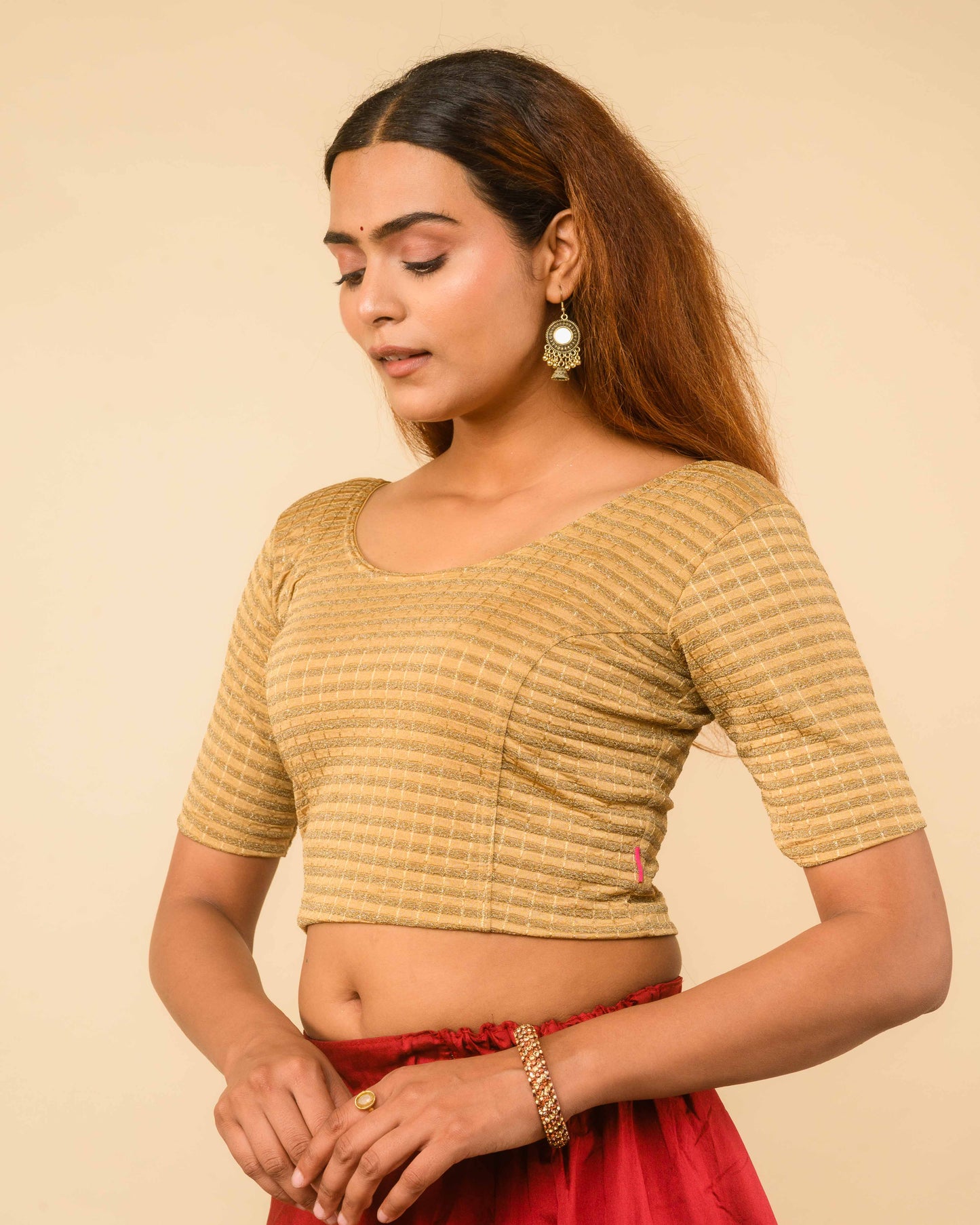Padmini Gold Beige Zari Striped Jacquard Stretchable Saree Blouse Advi
