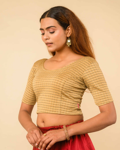 Padmini Gold Beige Zari Striped Jacquard Stretchable Saree Blouse Advi