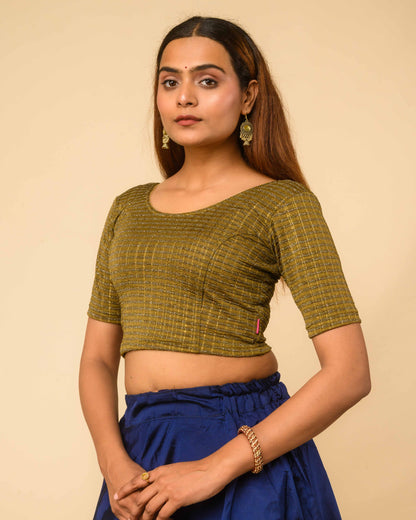 Padmini Mehendi Green Handwork Buti Zari Striped Jacquard Stretchable Saree Blouse Advi