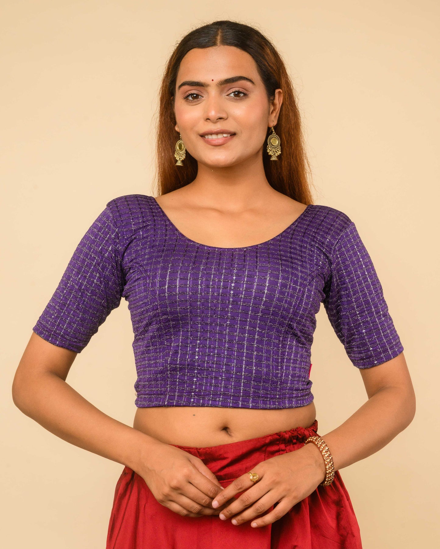 Padmini Purple Handwork Buti Zari Striped Jacquard Stretchable Saree Blouse Advi