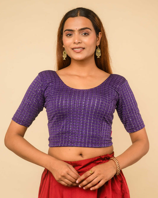 Padmini Purple Handwork Buti Zari Striped Jacquard Stretchable Saree Blouse Advi