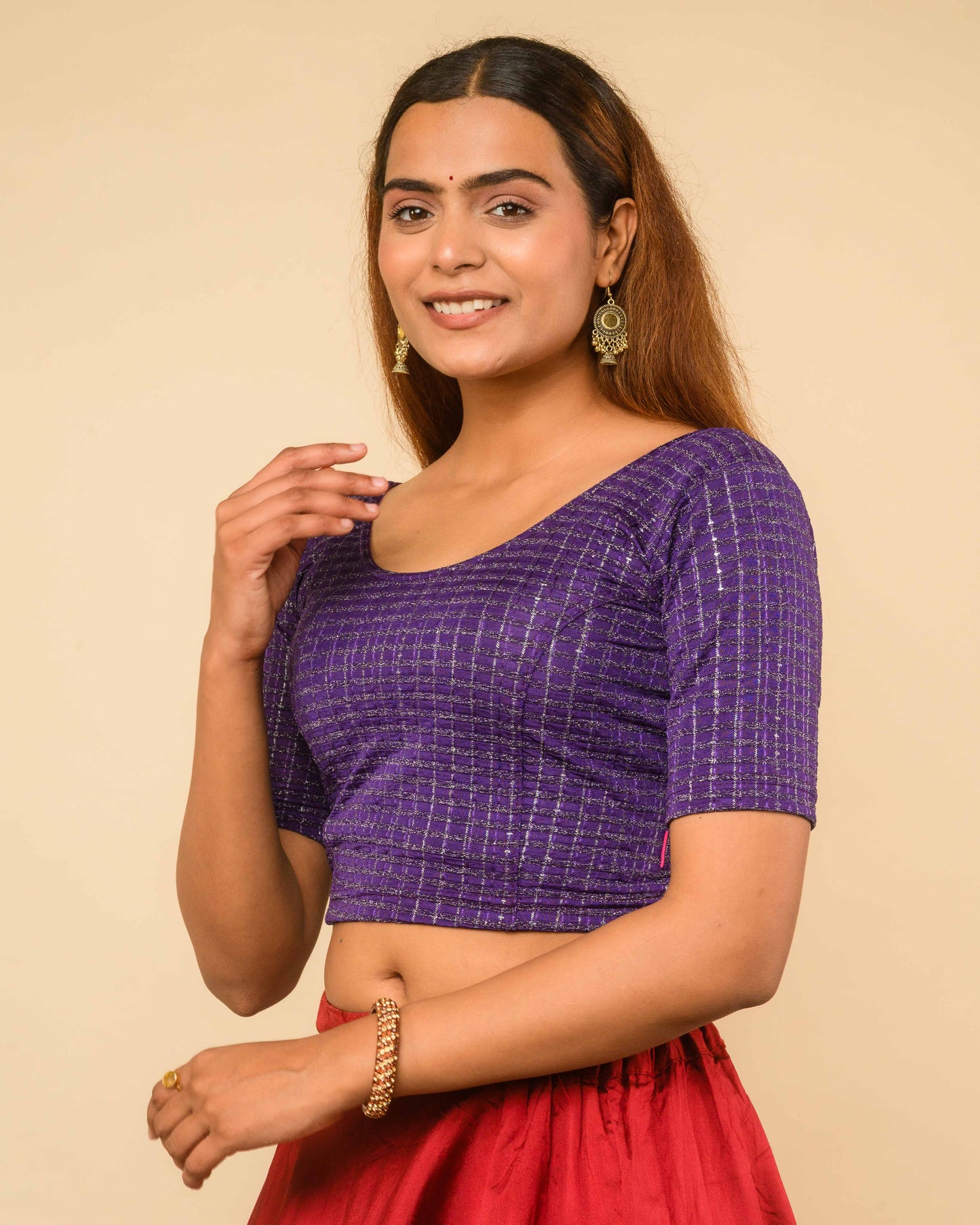 Padmini Purple Handwork Buti Zari Striped Jacquard Stretchable Saree Blouse Advi