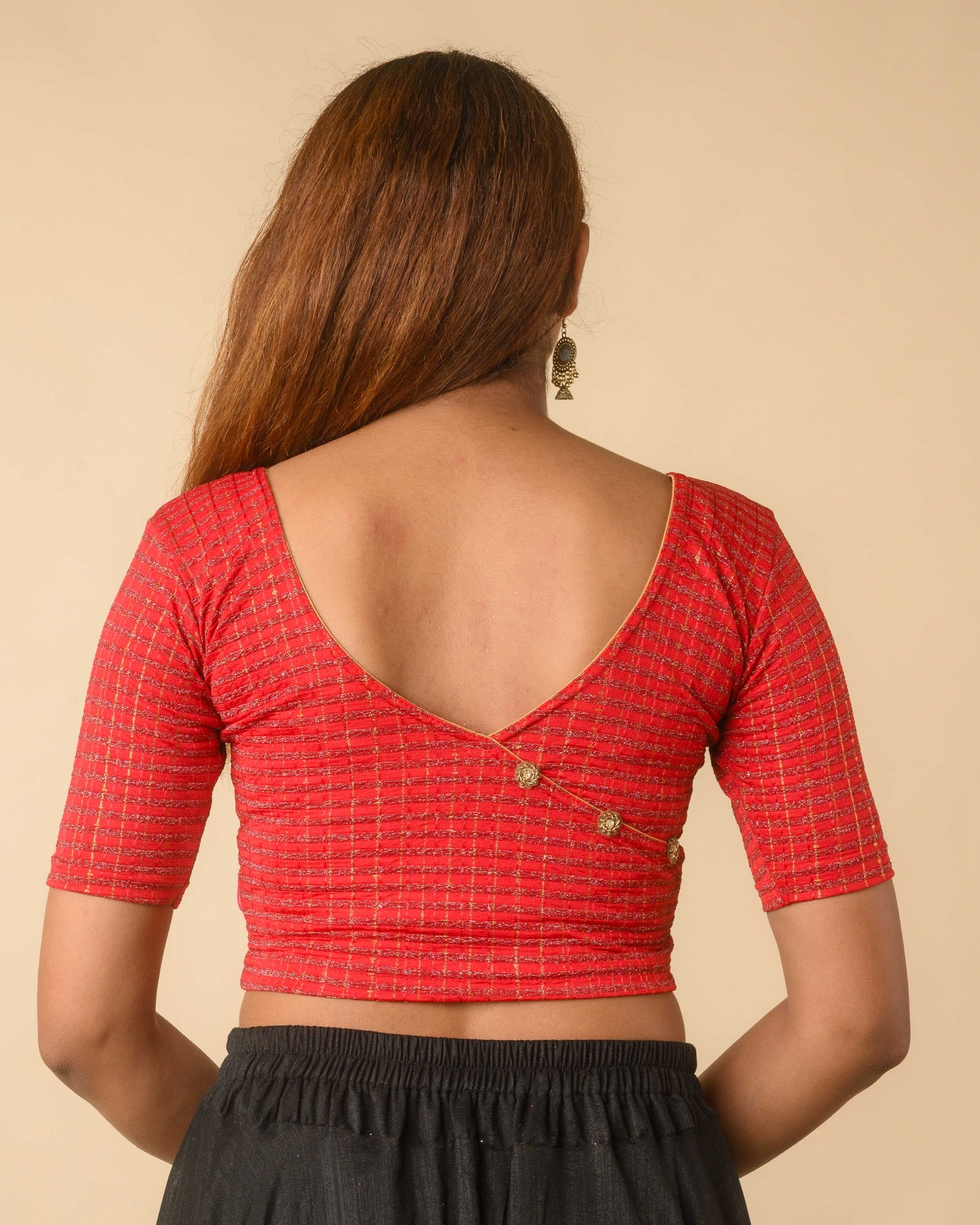 Padmini Red Zari Striped Jacquard Stretchable Saree Blouse Advi