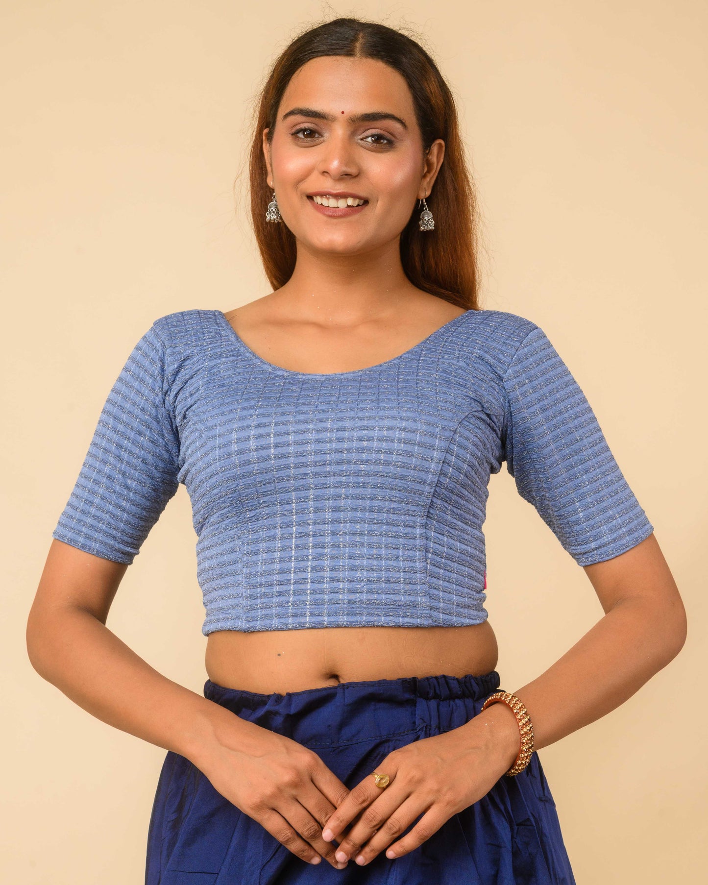 Padmini Steel Blue Zari Striped Jacquard Stretchable Saree Blouse Advi