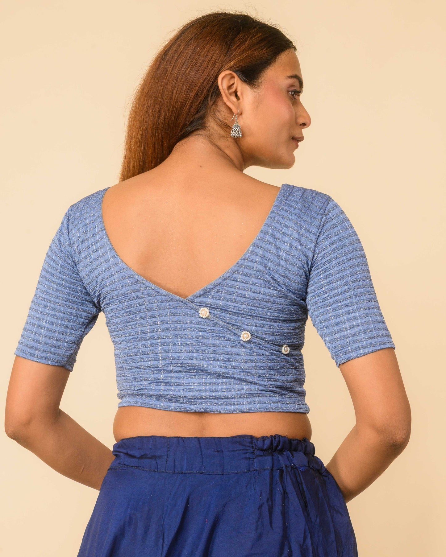 Padmini Steel Blue Zari Striped Jacquard Stretchable Saree Blouse Advi