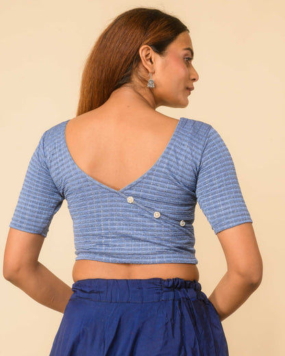 Padmini Steel Blue Zari Striped Jacquard Stretchable Saree Blouse Advi