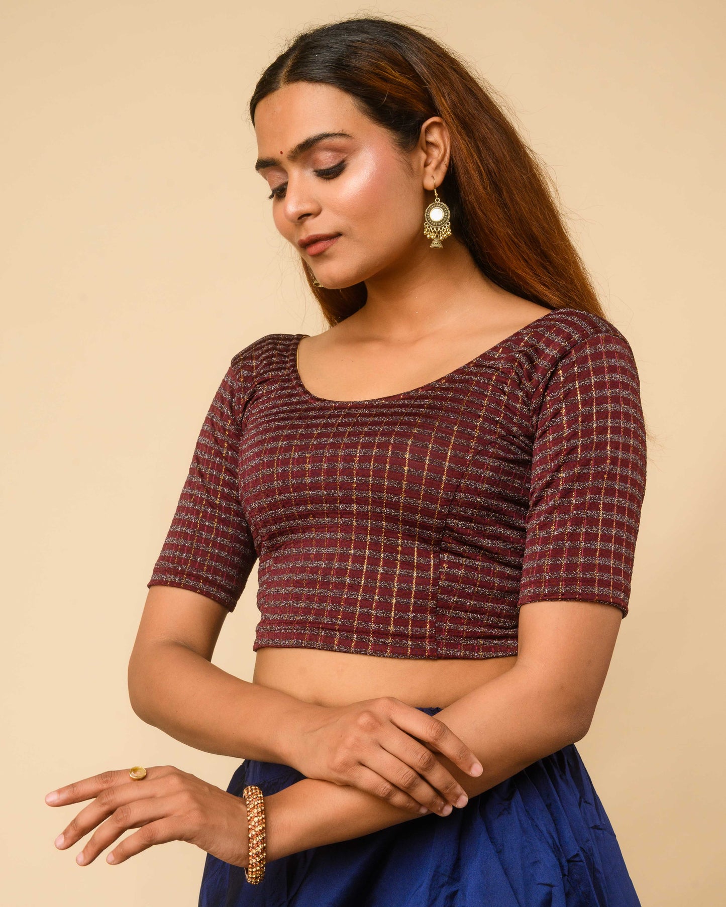 Padmini Wine Handwork Buti Zari Striped Jacquard Stretchable Saree Blouse Advi