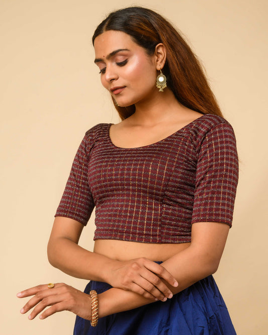 Padmini Wine Handwork Buti Zari Striped Jacquard Stretchable Saree Blouse Advi
