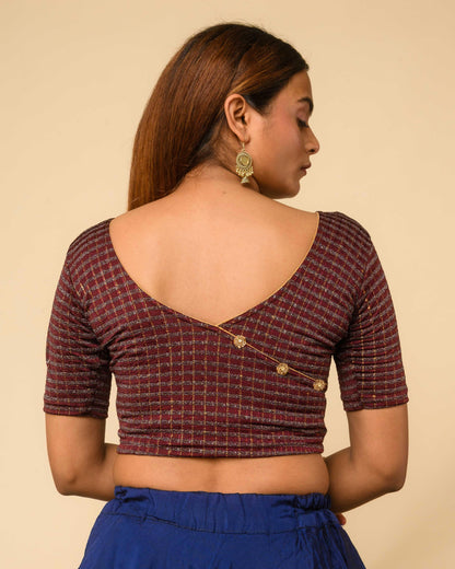 Padmini Wine Handwork Buti Zari Striped Jacquard Stretchable Saree Blouse Advi