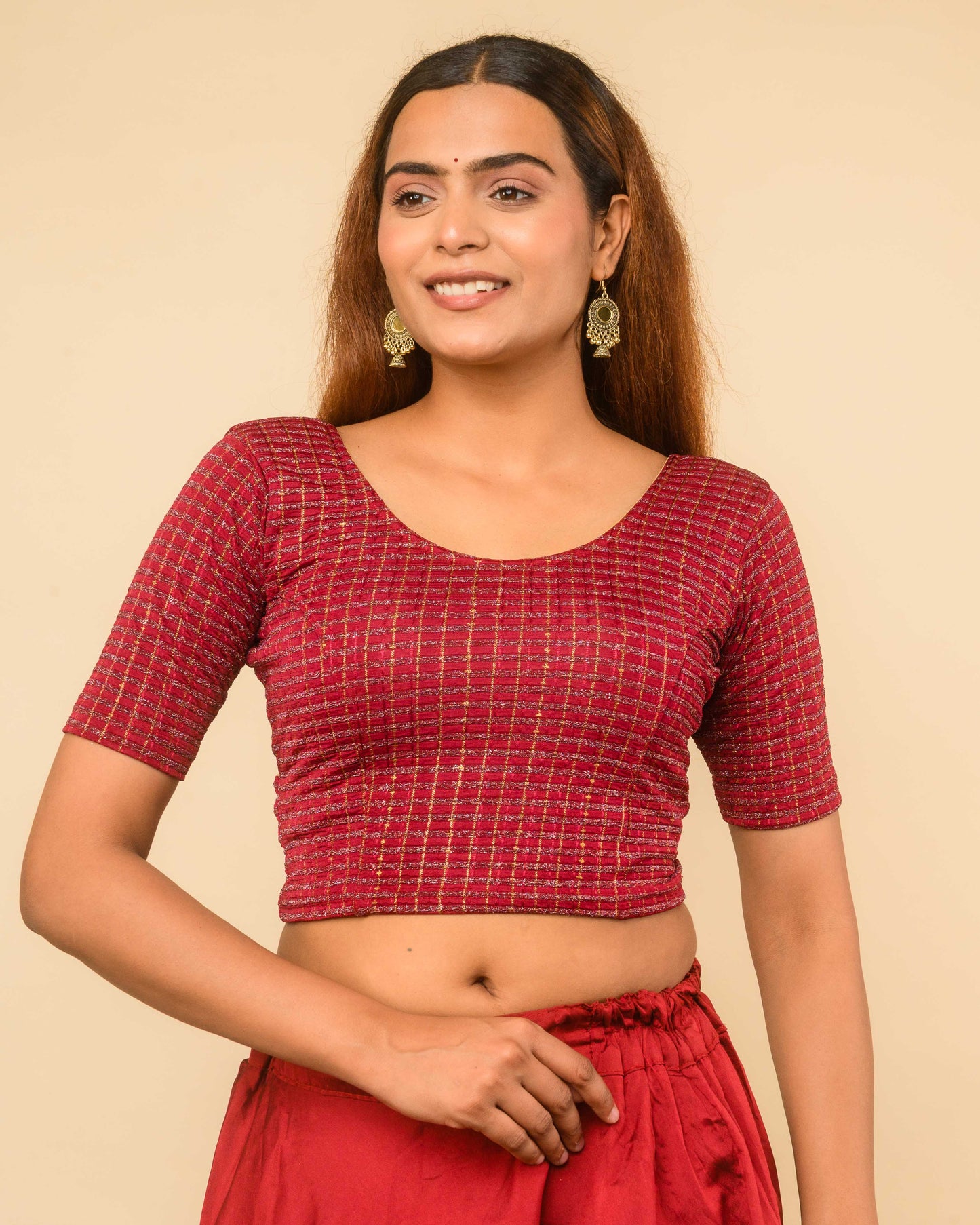 Padmini Maroon Handwork Buti Zari Striped Jacquard Stretchable Saree Blouse Advi