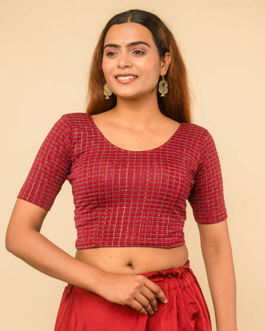 Padmini Maroon Handwork Buti Zari Striped Jacquard Stretchable Saree Blouse Advi