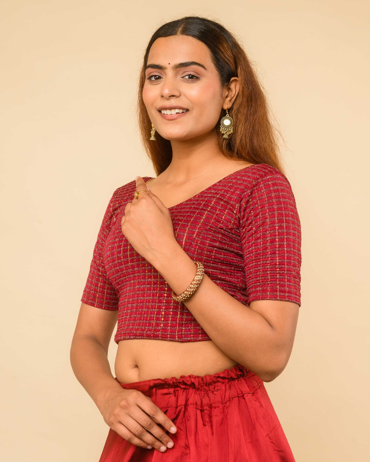 Padmini Maroon Handwork Buti Zari Striped Jacquard Stretchable Saree Blouse Advi