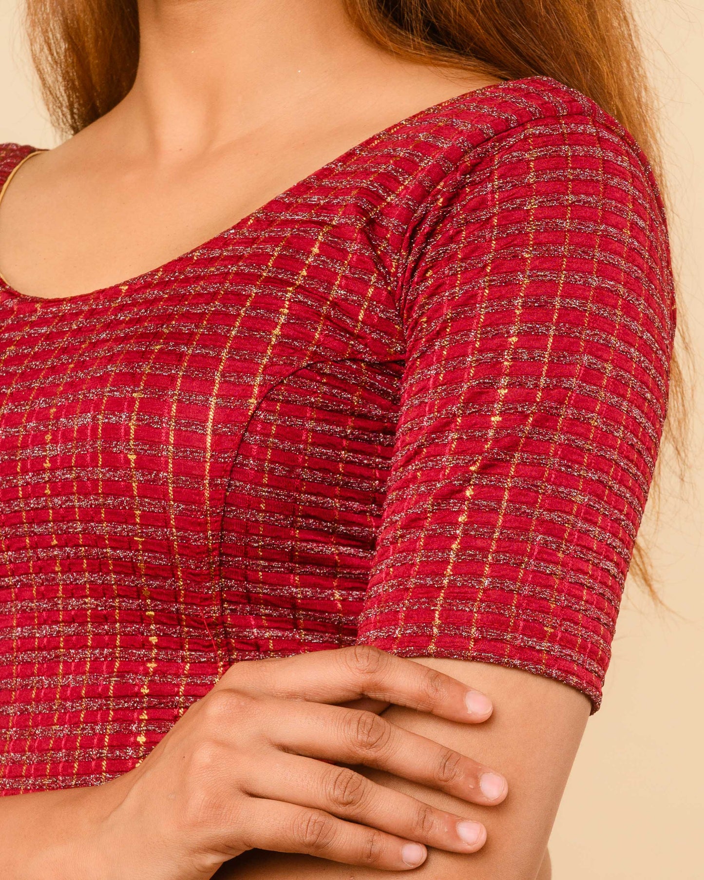 Padmini Maroon Handwork Buti Zari Striped Jacquard Stretchable Saree Blouse Advi