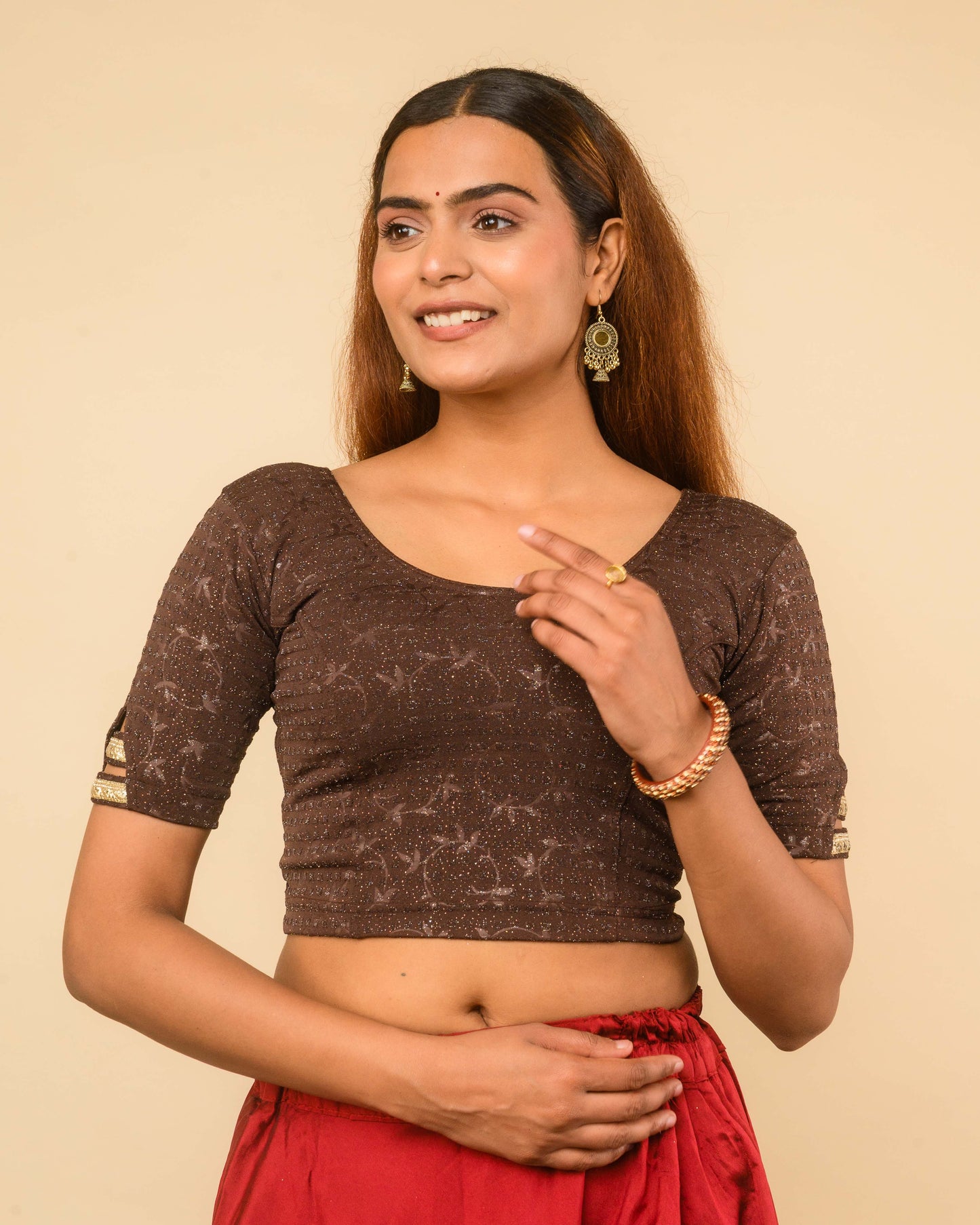 Vaaya Coffee Glitter Dobby Jacquard Stretchable Saree Blouse Advi