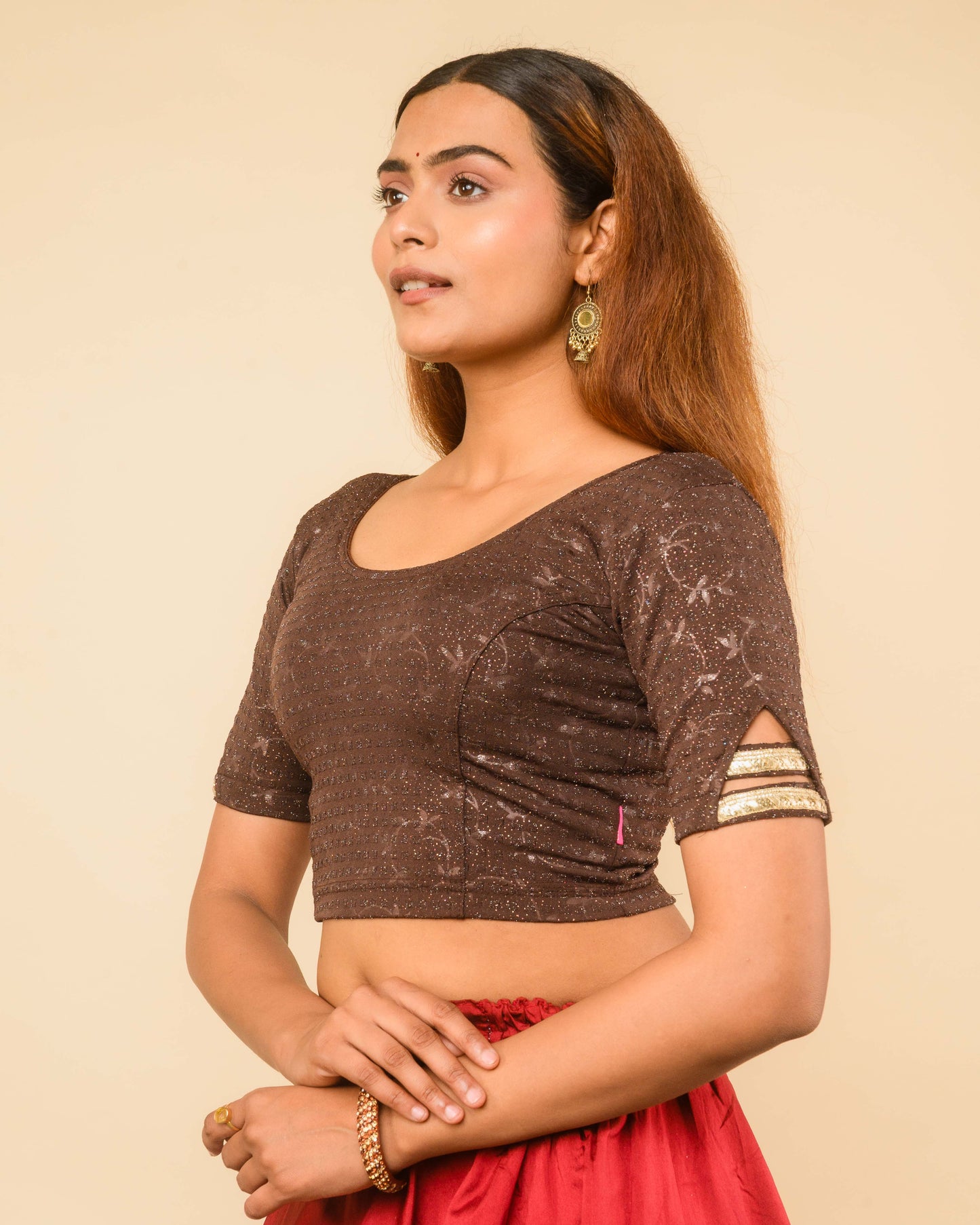 Vaaya Coffee Glitter Dobby Jacquard Stretchable Saree Blouse Advi