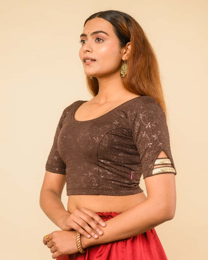 Vaaya Coffee Glitter Dobby Jacquard Stretchable Saree Blouse Advi
