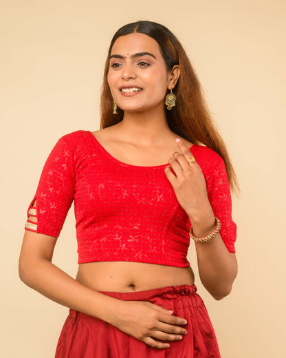 Vaaya Red Glitter Dobby Jacquard Stretchable Saree Blouse Advi