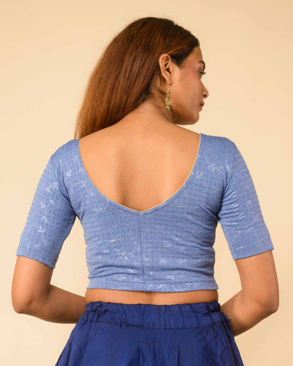 Vaaya Steel Blue Glitter Dobby Jacquard Stretchable Saree Blouse Advi