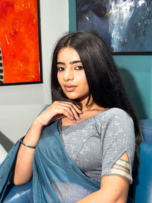 Vaaya Gray Glitter Dobby Jacquard Stretchable Saree Blouse Advi
