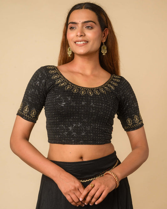 Zubaida Black Gold Zari Sequin Embroidered Stretchable Saree Blouse Advi