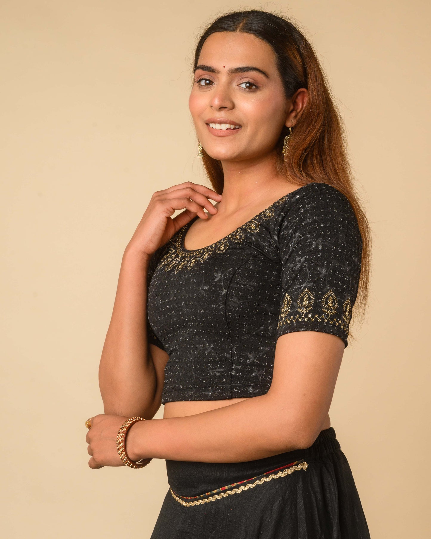 Zubaida Black Gold Zari Sequin Embroidered Stretchable Saree Blouse Advi