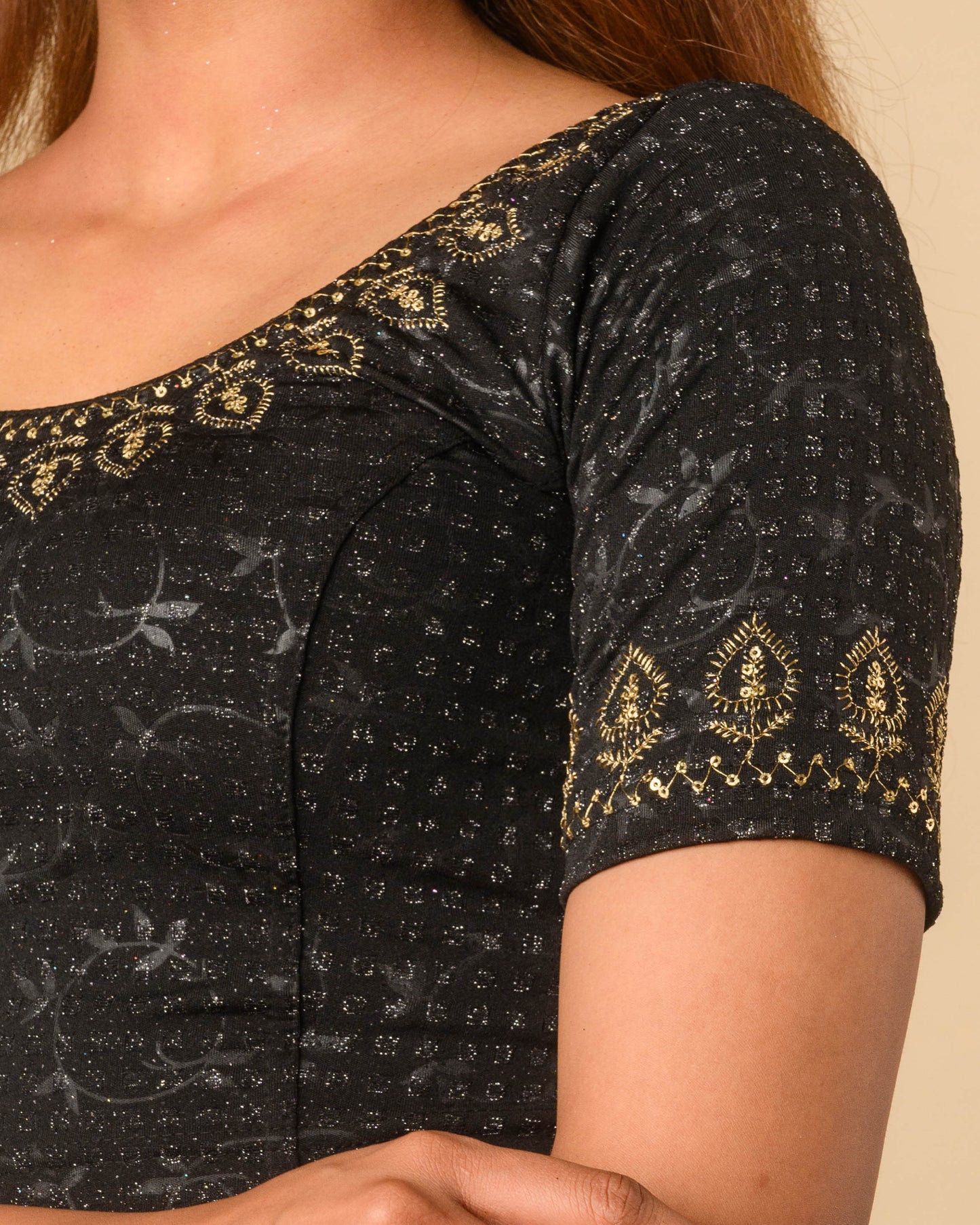 Zubaida Black Gold Zari Sequin Embroidered Stretchable Saree Blouse Advi