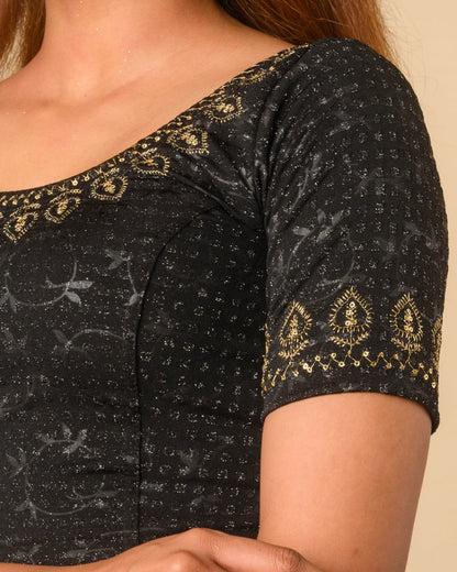 Zubaida Black Gold Zari Sequin Embroidered Stretchable Saree Blouse Advi