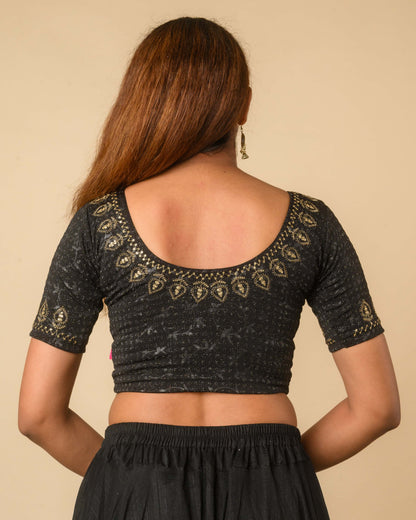 Zubaida Black Gold Zari Sequin Embroidered Stretchable Saree Blouse Advi