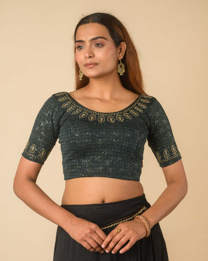 Zubaida Bottle Green Zari Sequin Embroidered Stretchable Saree Blouse Advi