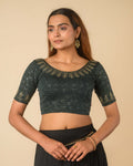 Zubaida Bottle Green Zari Sequin Embroidered Stretchable Saree Blouse Advi