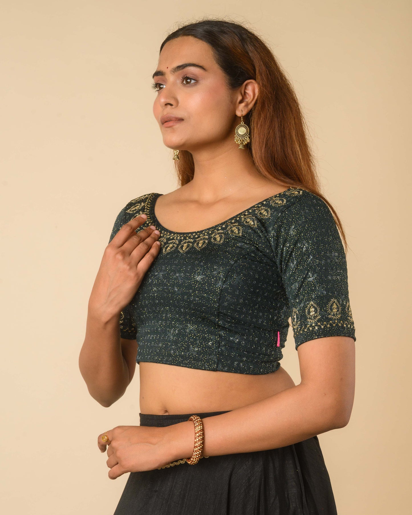 Zubaida Bottle Green Zari Sequin Embroidered Stretchable Saree Blouse Advi