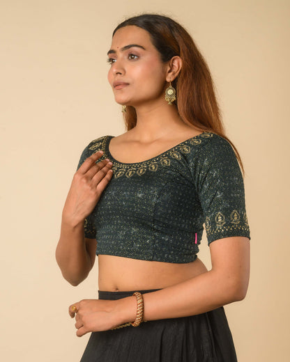 Zubaida Bottle Green Zari Sequin Embroidered Stretchable Saree Blouse Advi