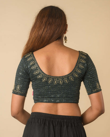 Zubaida Bottle Green Zari Sequin Embroidered Stretchable Saree Blouse Advi