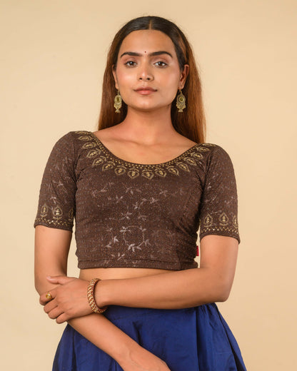 Zubaida Coffee Gold Zari Sequin Embroidered Stretchable Saree Blouse Advi