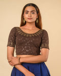 Zubaida Coffee Gold Zari Sequin Embroidered Stretchable Saree Blouse Advi