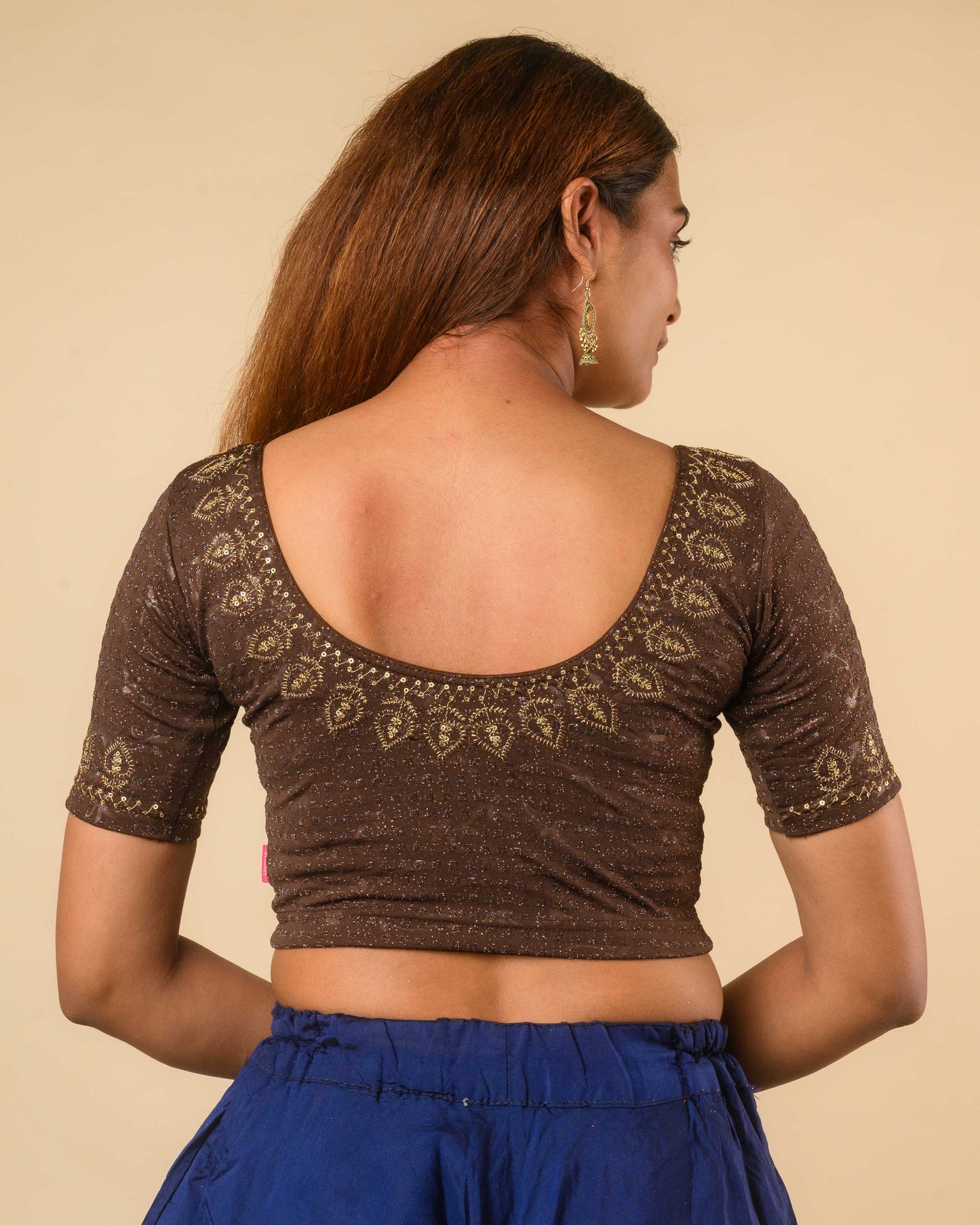 Zubaida Coffee Gold Zari Sequin Embroidered Stretchable Saree Blouse Advi