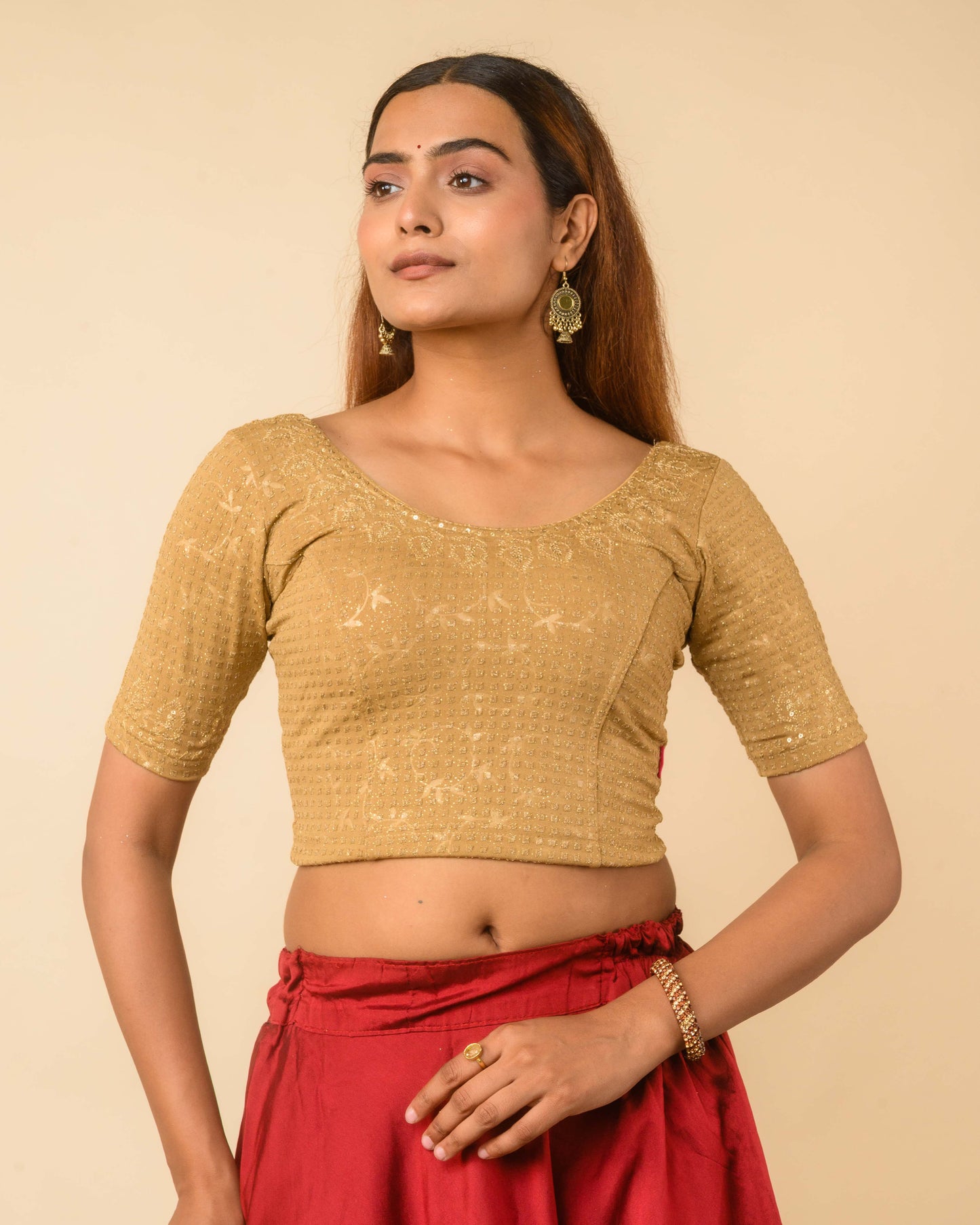 Zubaida Beige Gold Zari Sequin Embroidered Stretchable Saree Blouse Advi