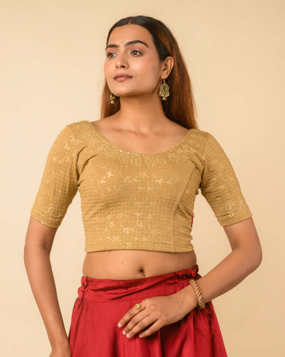 Zubaida Beige Gold Zari Sequin Embroidered Stretchable Saree Blouse Advi