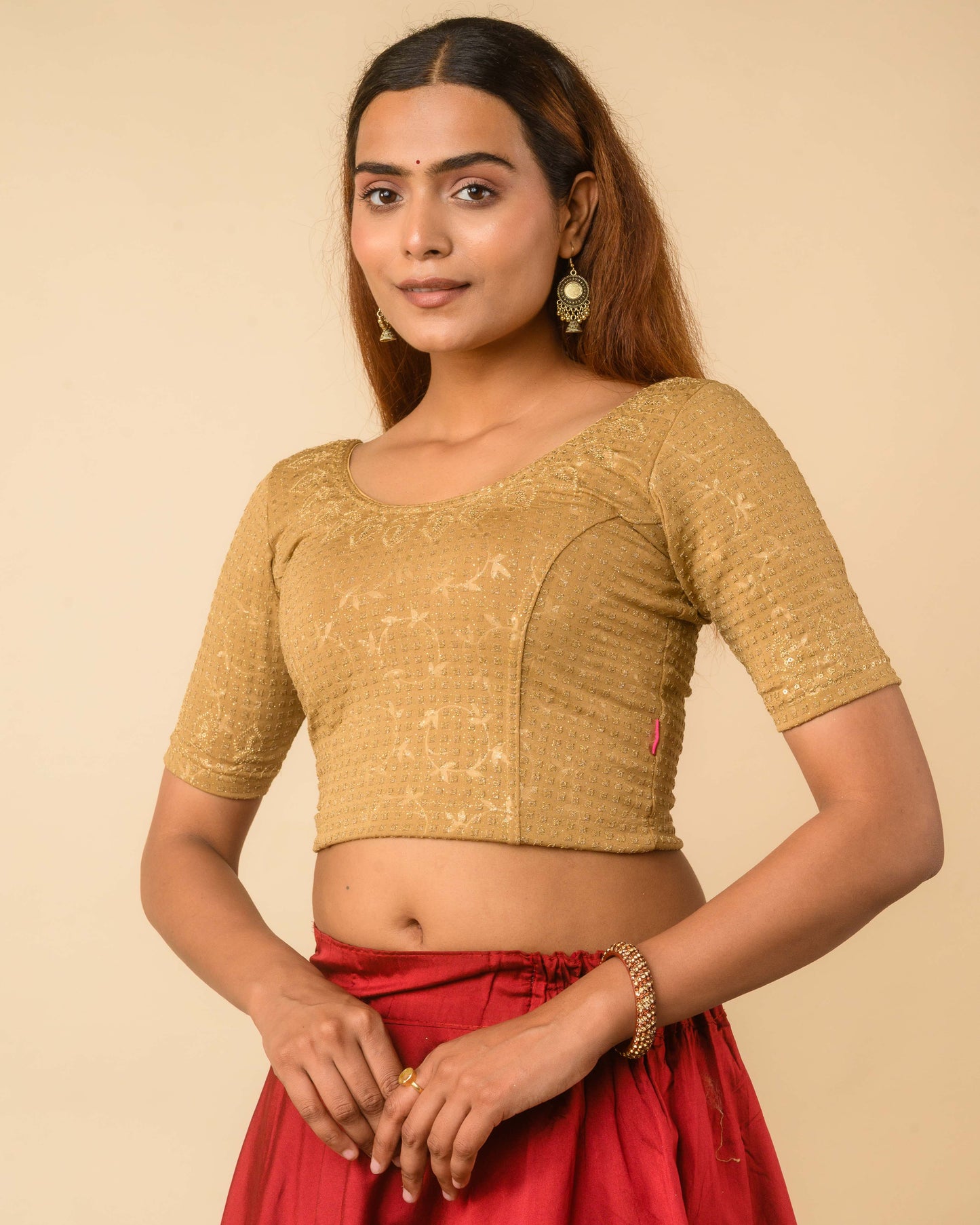 Zubaida Beige Gold Zari Sequin Embroidered Stretchable Saree Blouse Advi