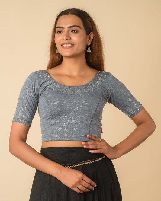 Zubaida Gray Silver Zari Sequin Embroidered Stretchable Saree Blouse Advi