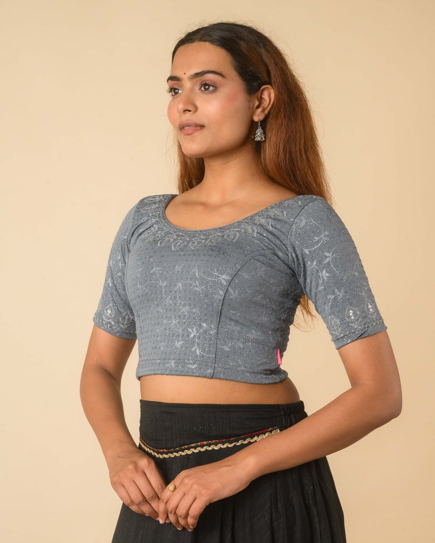 Zubaida Gray Silver Zari Sequin Embroidered Stretchable Saree Blouse Advi