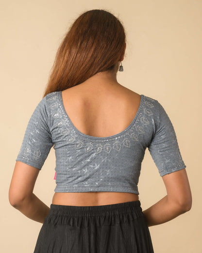 Zubaida Gray Silver Zari Sequin Embroidered Stretchable Saree Blouse Advi