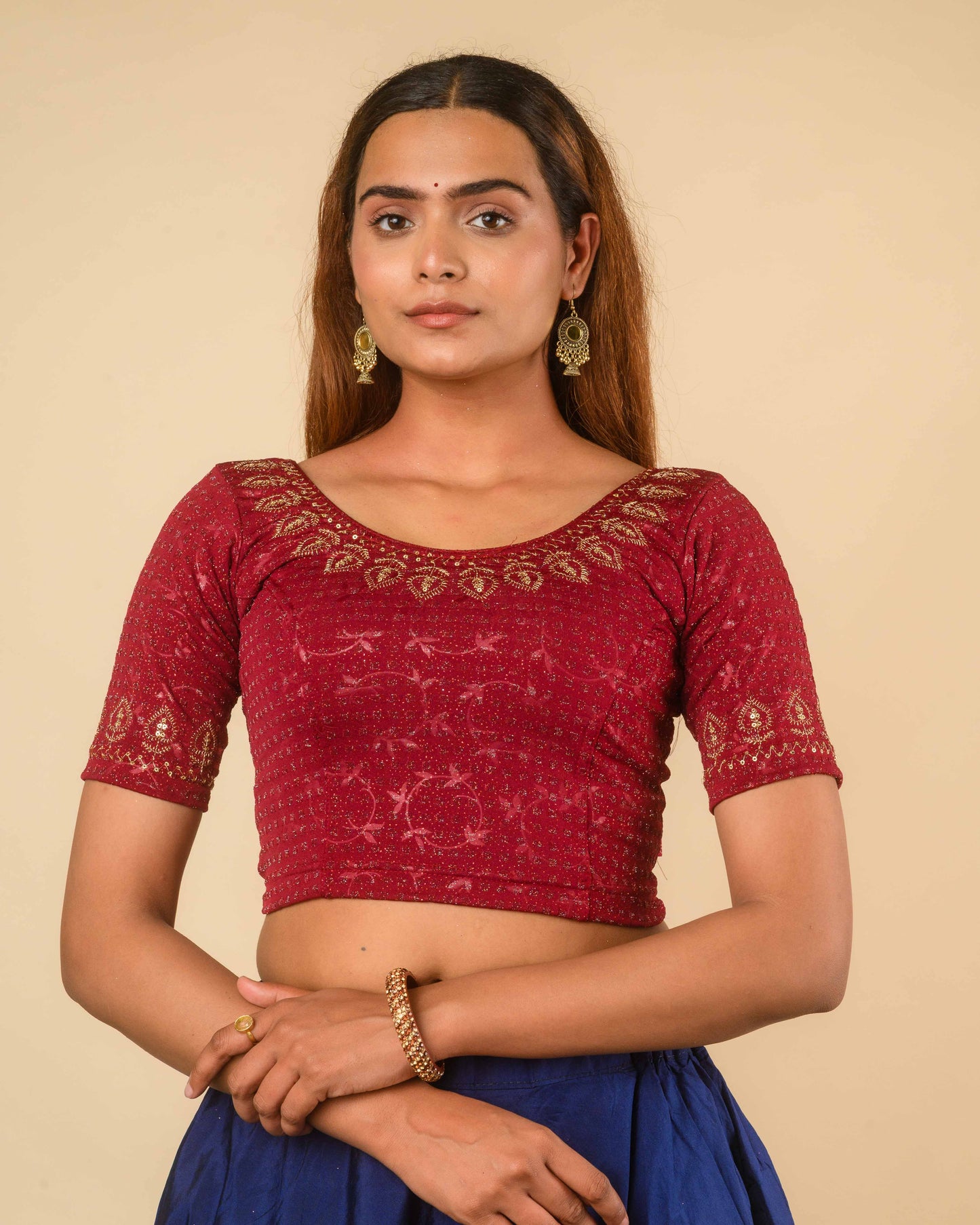 Zubaida Maroon Gold Zari Sequin Embroidered Stretchable Saree Blouse Advi