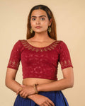 Zubaida Maroon Gold Zari Sequin Embroidered Stretchable Saree Blouse Advi