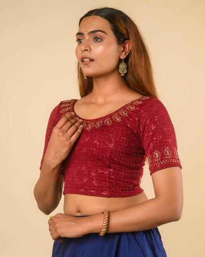Zubaida Maroon Gold Zari Sequin Embroidered Stretchable Saree Blouse Advi